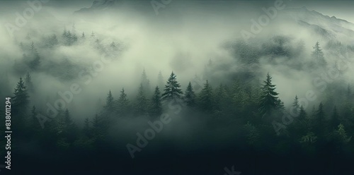 fog textured forest with tall pine and green trees under a gray sky