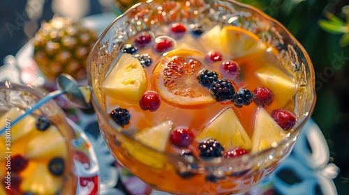 A close-up shot of a vibrant mixed fruit punch with visible chunks of pineapple, berries, and oranges, in a clear punch bowl with a ladle, set on a festive outdoor table. photo