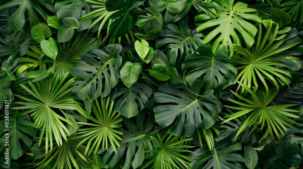 A dense cluster of tropical leaves seen from an aerial view, creating an abstract green carpet-like pattern. A dense cluster of tropical leaves seen from an aerial view, creating an abstract green carpet-like pattern.