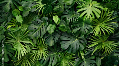 A dense cluster of tropical leaves seen from an aerial view  creating an abstract green carpet-like pattern.