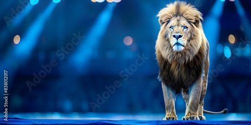 Lion performing in a circus act. Concept Circus Acts  Lion Performance  Entertainment  Animal Tricks  Big Top Entertainment