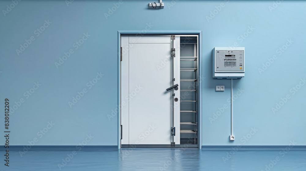 A white door with a metal handle stands open to an industrial refrigerated room, revealing shelves and a blue tiled floor. An alarm panel and electrical outlets are mounted on the pale blue wall A white door with a metal handle stands open to an industrial refrigerated room, revealing shelves and a blue tiled floor. An alarm panel and electrical outlets are mounted on the pale blue wall