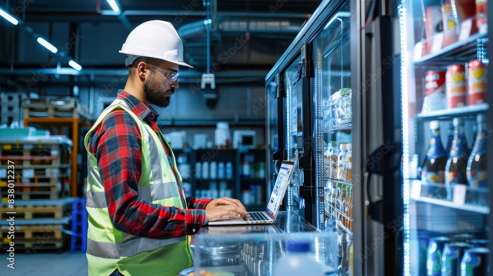 © Anoo - A worker wearing a safety vest and hard hat uses a laptop to monitor the temperature of an industrial refrigerated room © Anoo - A worker wearing a safety vest and hard hat uses a laptop to monitor the temperature of an industrial refrigerated room
