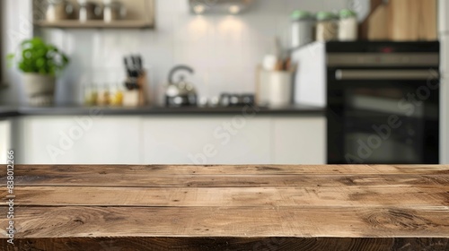Wooden table top with a blurred contemporary kitchen backdrop perfect for product presentations © wudu_8