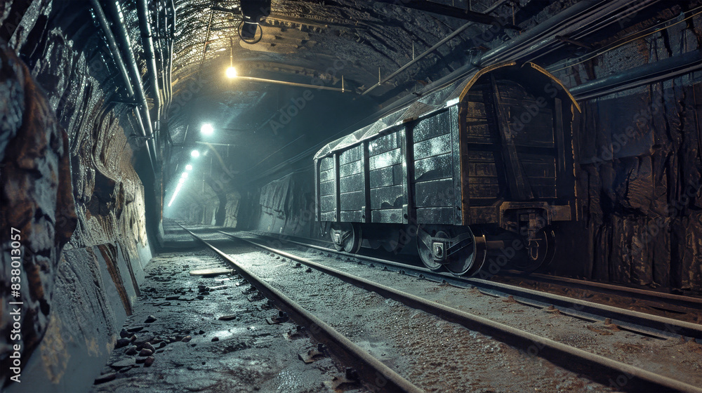 Naklejka premium An ore cart sits on rails inside a dark mine tunnel, lit by artificial lights