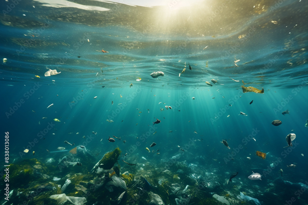 Obraz premium Created with generative AI image of ecological pollution garbage in the sea