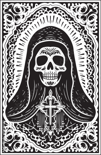 Black and White Vector of Santa Muerte Crowned Santa Muerte Graphic Art