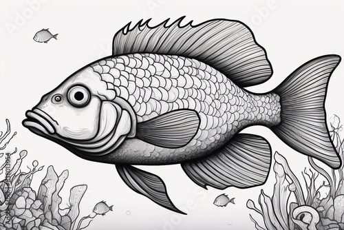 Black and White Fish Drawing for kid's Coloring Book Style 