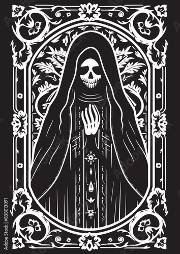 Grunge Design with Santa Muerte Emblem Vector Portrait of Santa Muerte Skeleton