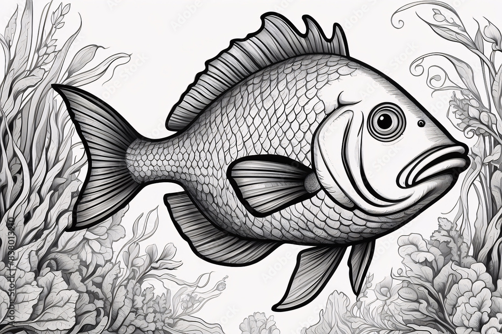 Black and White Fish Drawing for kid's Coloring Book Style Black and White Fish Drawing for kid's Coloring Book Style