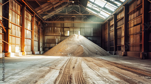 A massive pile of sand stands tall in a warehouse surrounded by bags of potash fertilizers, showcasing the mining and processing of minerals photo