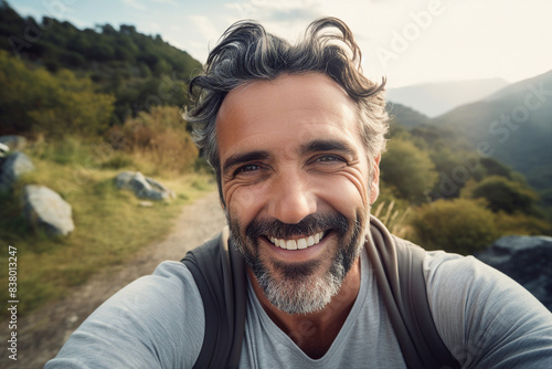 Generative AI illustration happy yoga person enjoying medication in natural wild conditions beautiful view