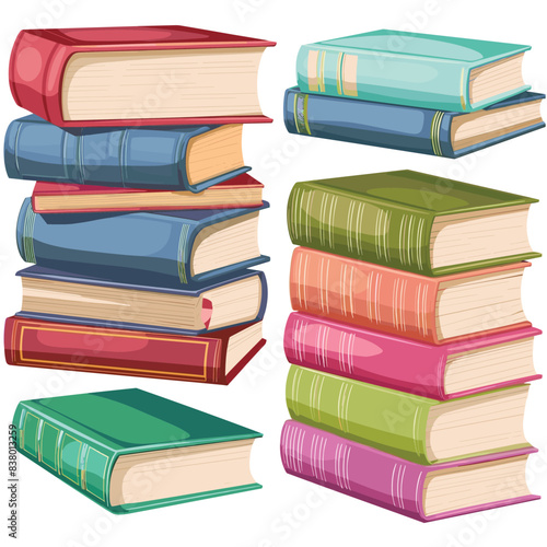 Stacks colorful books vector illustration education reading. Hardcover textbooks pile cartoon graphic design library. Bright covers, academic studying resources isolated white background