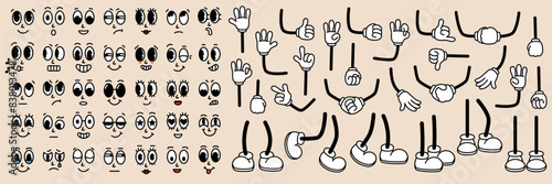 Set of 70s groovy comic faces. Collection elements of cartoon character faces, leg, hand in different emotions happy, angry, sad, cheerful. Vector illustration