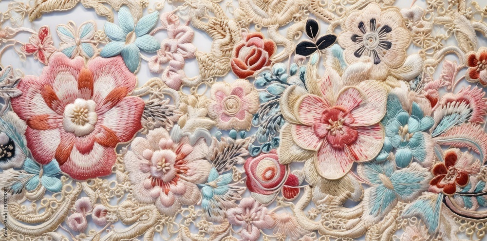 embroidered textured flowers in pink, red, and white adorn a white wall embroidered textured flowers in pink, red, and white adorn a white wall