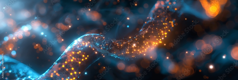 Abstract DNA Strand with Orange and Blue Glowing Particles in a Dark Environment Abstract DNA Strand with Orange and Blue Glowing Particles in a Dark Environment