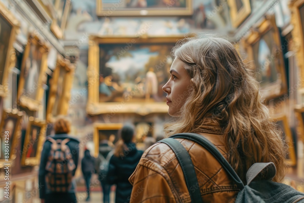 Back portrait of an adult woman looking at museum paintings in an old museum art gallery Back portrait of an adult woman looking at museum paintings in an old museum art gallery
