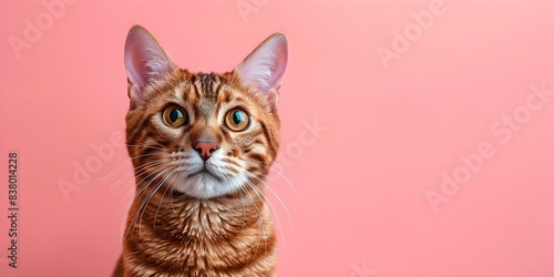 Portrait photography of curious Bengal cat against soft pastel background. Concept Curious Cat, Bengal Breed, Soft Pastel Background, Portrait Photography