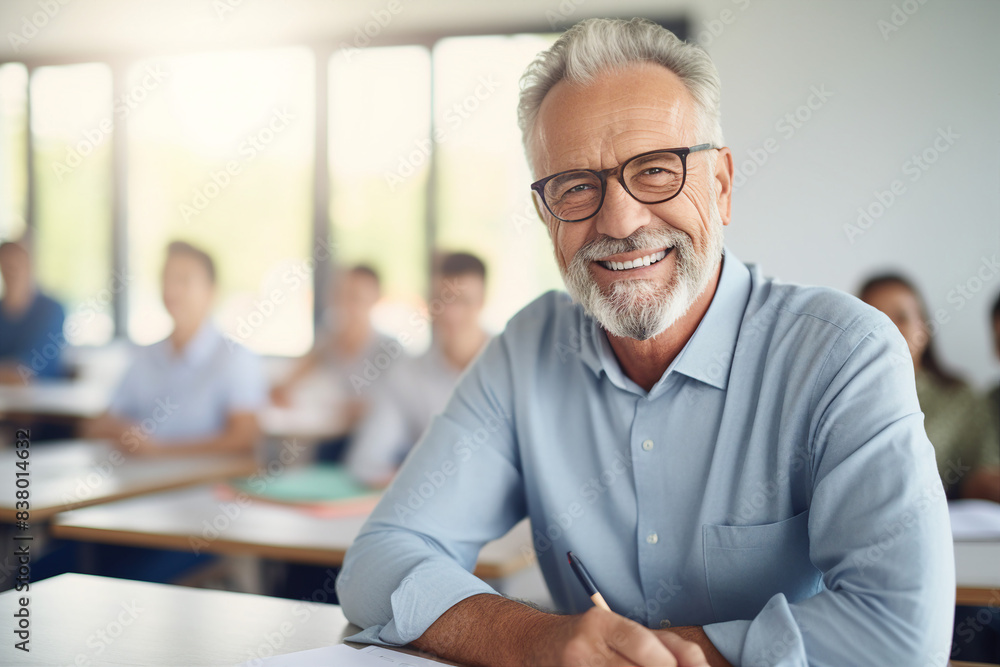 AI generative image of adult student in school or college class listening to a lesson AI generative image of adult student in school or college class listening to a lesson