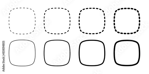 Set of dashed squircles or squares with rounded borders. Simple geometric shapes and frames isolated on white background. Text boxes or labels with empty space. Vector graphic illustration.