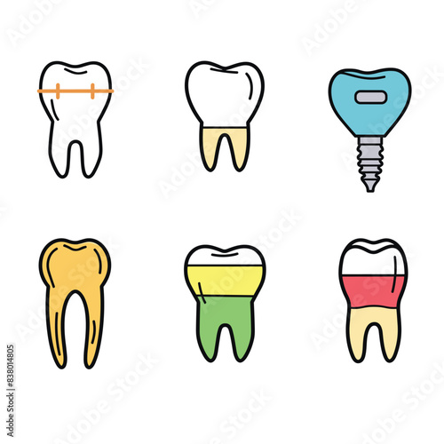 Set dental icons showing various tooth conditions treatments. Upper left tooth braces, upper natural healthy tooth, right dental implant, left displays cavity, wearing