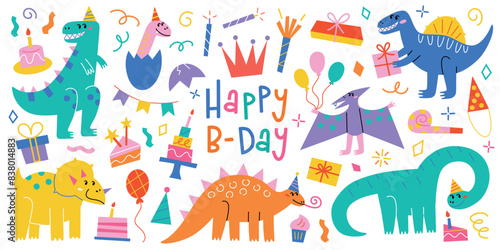 Cute dinosaur birthday set, vector illustration of happy party, collection with cake, gifts, balloons, and hats. Flat cartoon style, colorful doodles, playful characters, festive celebration elements