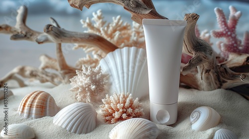 Cosmetic white tube on sands, sea shells and coral. Mockup bottle for skin care cosmetic. photo