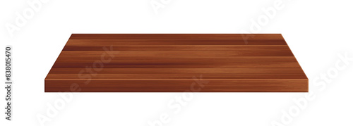 Wooden table surface perspective view. Vector realistic dark brown plank tabletop isolated on white background. 3d interior design element. Wood board top, timber board shelf for mock up, design.