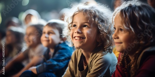 Children happily engaged in a concert or movie smiling and enjoying. Concept Kids Entertainment, Music and Movies, Smiling Faces, Joyful Reactions