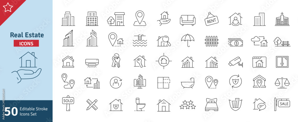Real Estate Line Editable Stroke Icons Set. Building, Plan, Location, House, Home, Property, Rent, Bed, Key, Park, Window, Agent, Mortgage, Collection. Editable stroke. Vector Illustration.