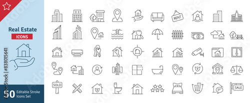 Real Estate Line Editable Stroke Icons Set. Building, Plan, Location, House, Home, Property, Rent, Bed, Key, Park, Window, Agent, Mortgage, Collection. Editable stroke. Vector Illustration.