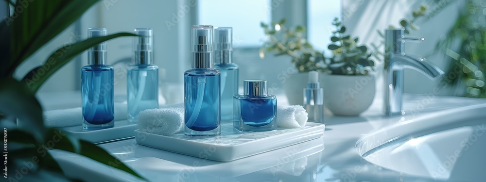 Blue cosmetic bottles on the bathroom. Mockup bottle for skin care cosmetic. Blue cosmetic bottles on the bathroom. Mockup bottle for skin care cosmetic.