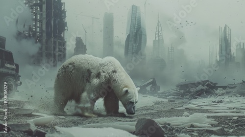  Polar bear threatened by climate change, global warming and ice melting, walking on a polluted land in a toxic atmosphere