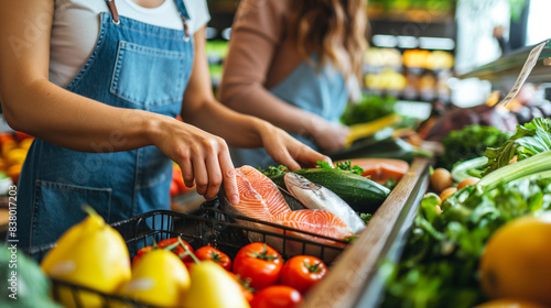 Healthy Heart and Cardiovascular Care: A young couple grocery shopping together, filling their cart with heart-healthy foods like fish, vegetables, and whole grains