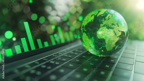 Positioned on the laptop keyboard, a green globe with stock graphs on the screen signifies a green business concept, highlighting carbon efficient technology and digital sustainabi