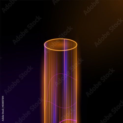 Vector round neon hologram portal with glowing light effect, pedestal with light effect