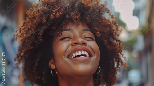  Portrait of a beautiful happy young black woman with brown curls laughing on a street