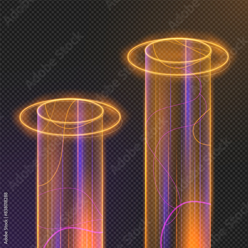 Vector round neon hologram portal with glowing light effect, pedestal with light effect