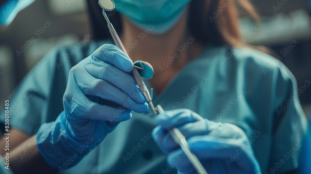 A close-up of hands in gloves using dental instruments to clean a patient's teeth, focusing on meticulous dental hygiene practices A close-up of hands in gloves using dental instruments to clean a patient's teeth, focusing on meticulous dental hygiene practices