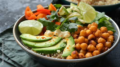 A visually appealing shot of a vegan buddha bowl with quinoa, roasted chickpeas, avocado, and an assortment of fresh vegetables, garnished with a squeeze of lime.