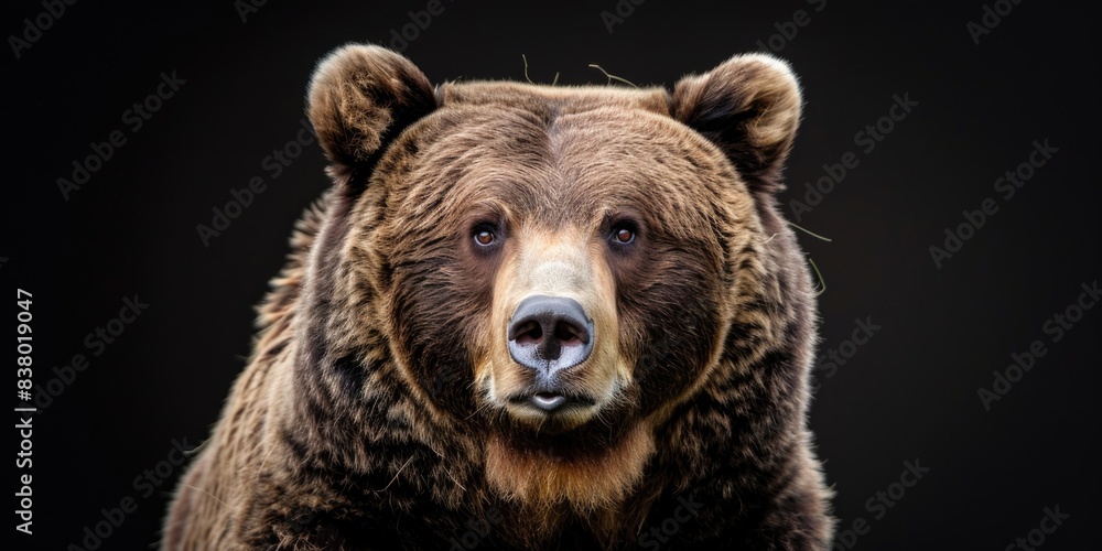 Portrait of a brown grizzly bear photo studio set up with key light, isolated with black background and copy space Portrait of a brown grizzly bear photo studio set up with key light, isolated with black background and copy space
