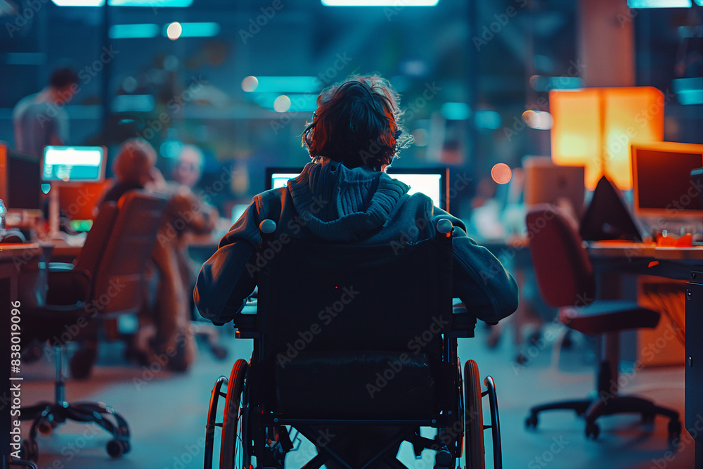 Obraz premium Generated by AI illustration of disabled man woman person using wheelchair on city nature park outdoors disability insurance