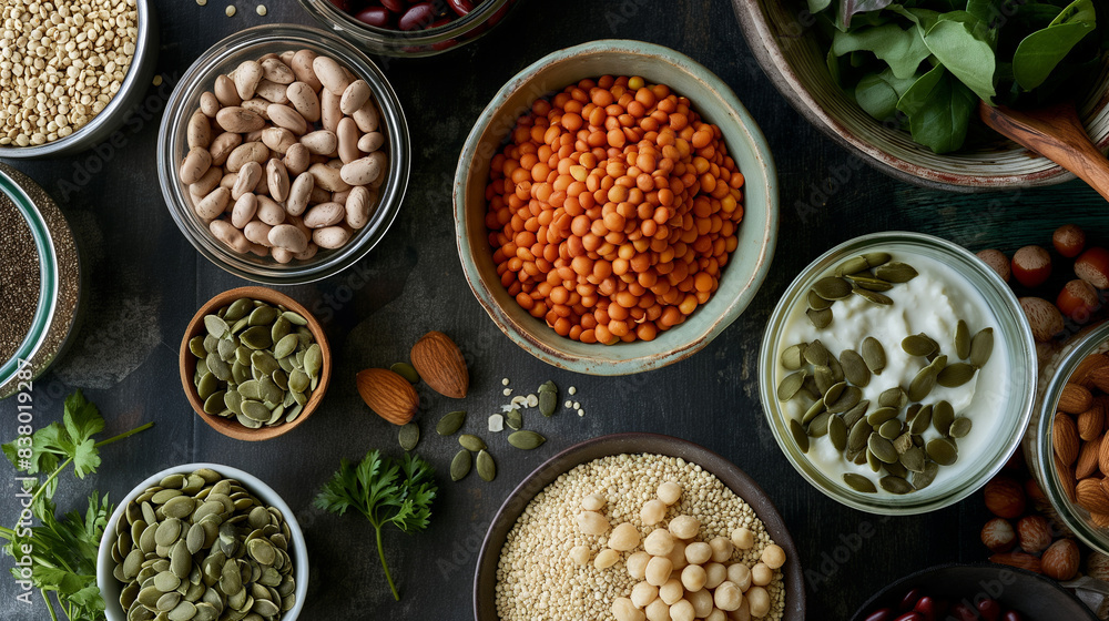 Balanced Diet Staples: A selection of whole foods including beans, legumes, nuts, and seeds, showcasing nutritious pantry staples for creating balanced meals Balanced Diet Staples: A selection of whole foods including beans, legumes, nuts, and seeds, showcasing nutritious pantry staples for creating balanced meals