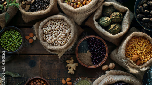 Balanced Diet Staples: A selection of whole foods including beans, legumes, nuts, and seeds, showcasing nutritious pantry staples for creating balanced meals