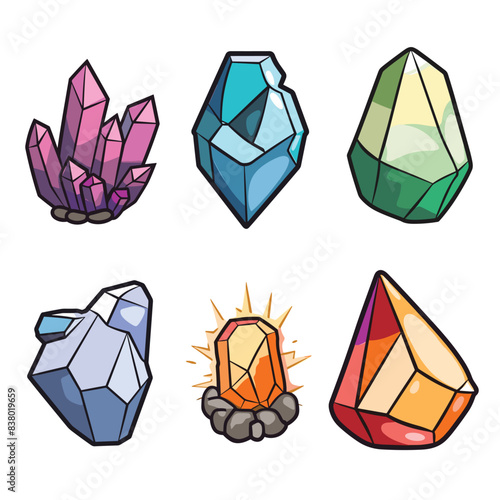 Set colorful cartoonstyle crystals gemstones. Various geometric shapes, bright colors, shiny surfaces, simplified depiction. Six distinct minerals rendered vector illustrations