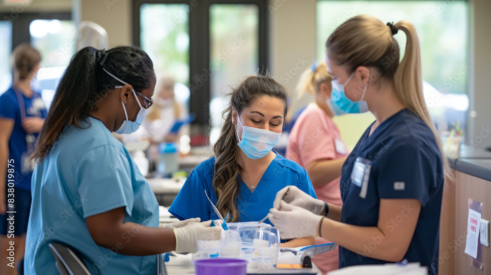 Fototapeta premium Dental Health Education: Dentists and dental hygienists providing dental screenings and oral health education to attendees at a community health fair