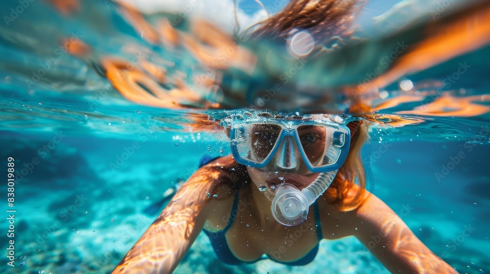 Naklejka premium young woman doing snorkel in the sea in summer