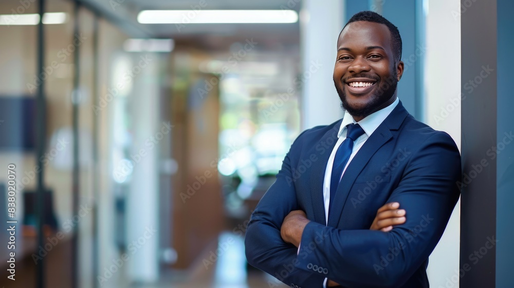 Fototapeta premium Portrait of a happy smiling black African American young businessman wearing a suit standing in an office.