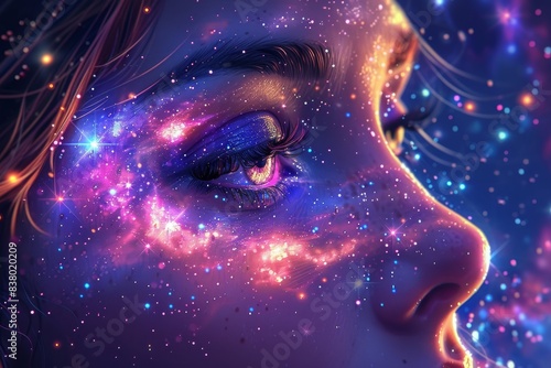 A Close-Up View of a Womans Face With a Galaxy Covering Her Eye