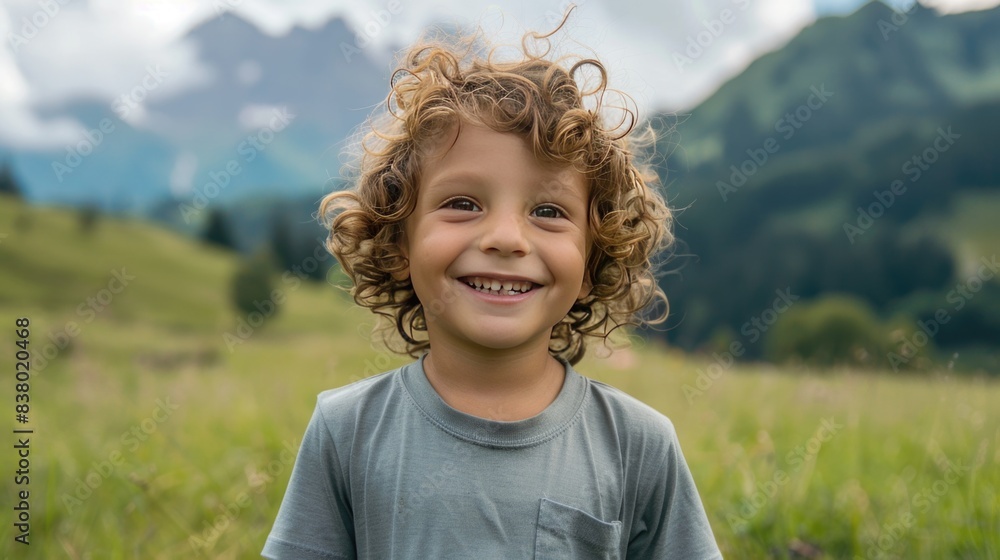 Portrait of a happy young smiling child with curly brown hair standing in a green field in a mountain landscape Portrait of a happy young smiling child with curly brown hair standing in a green field in a mountain landscape